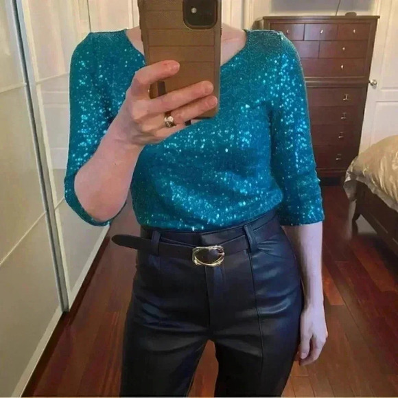Reitman’s Sparkly Sequin Dressy Top  Scoop Neck 3/4 Bracelet Sleeve Teal XS NEW - Picture 5 of 16